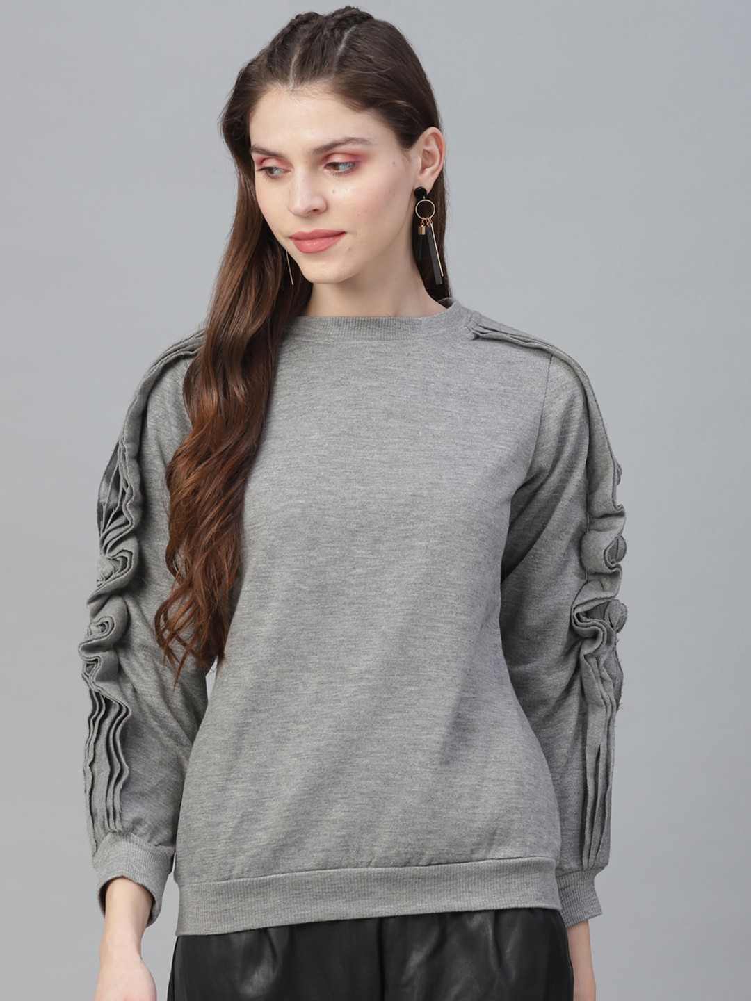 

Athena Women Grey Solid Ruffled Pullover Sweatshirt