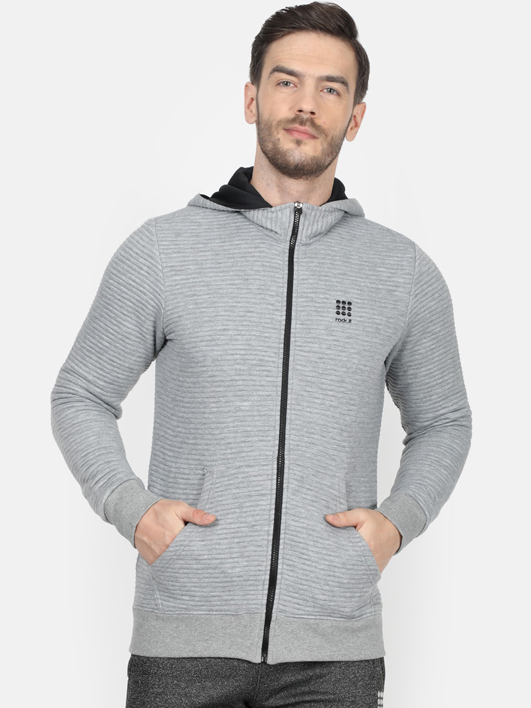

rock.it Men Grey Striped Hooded Sweatshirt