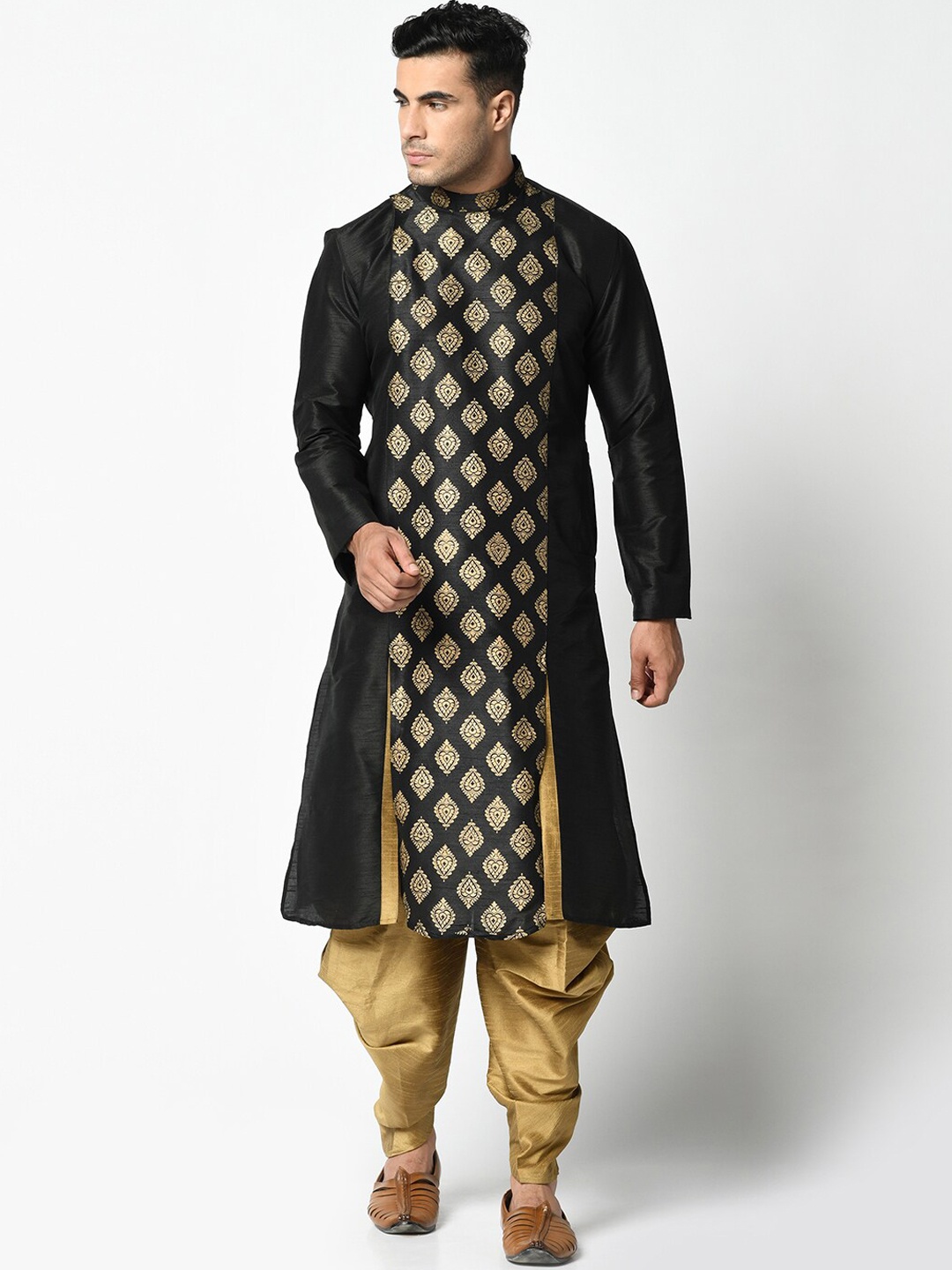 

DEYANN Men Black & Gold-Toned Printed Kurta with Dhoti Pants