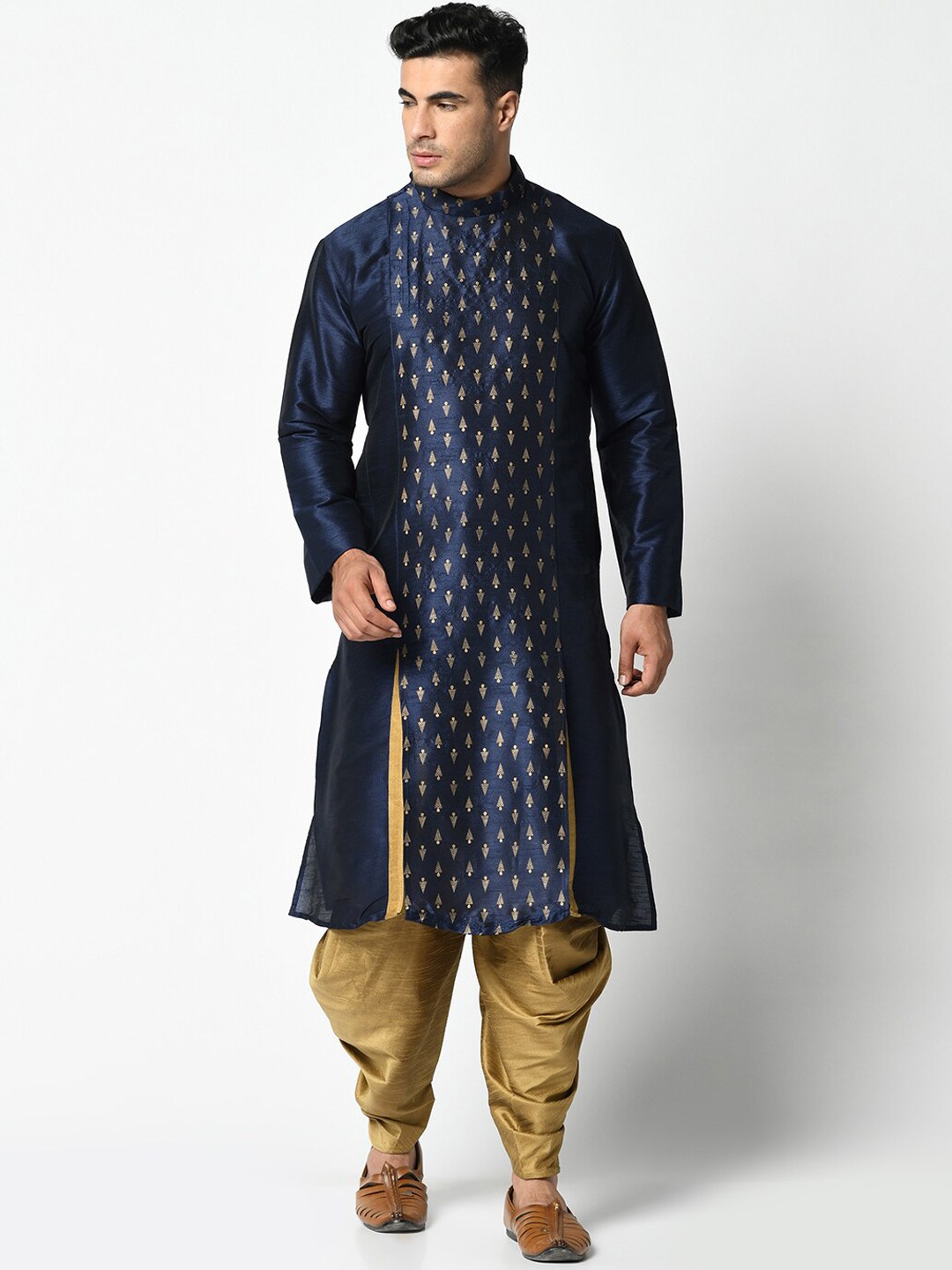 

DEYANN Men Navy Blue & Brown Woven Design Kurta with Dhoti Pants