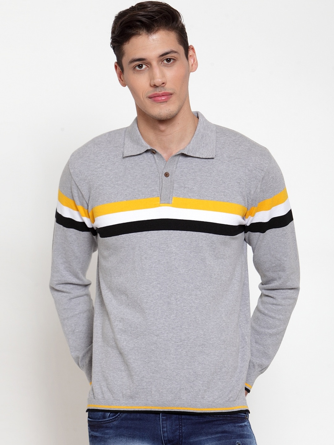 

Kalt Men Grey Striped Polo Collar T-shirt