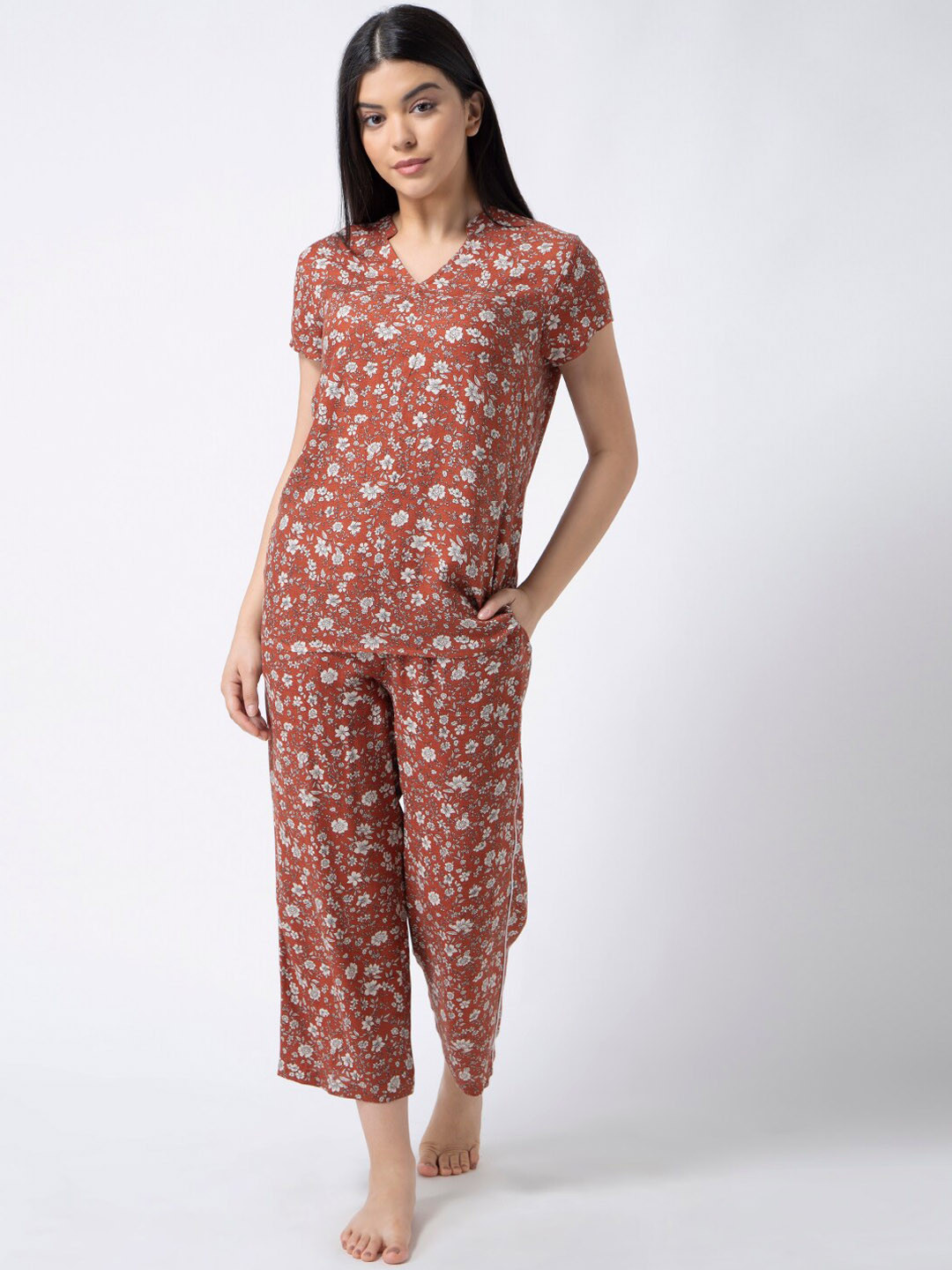 

ADORENITE Women Brown & White Printed Night suit