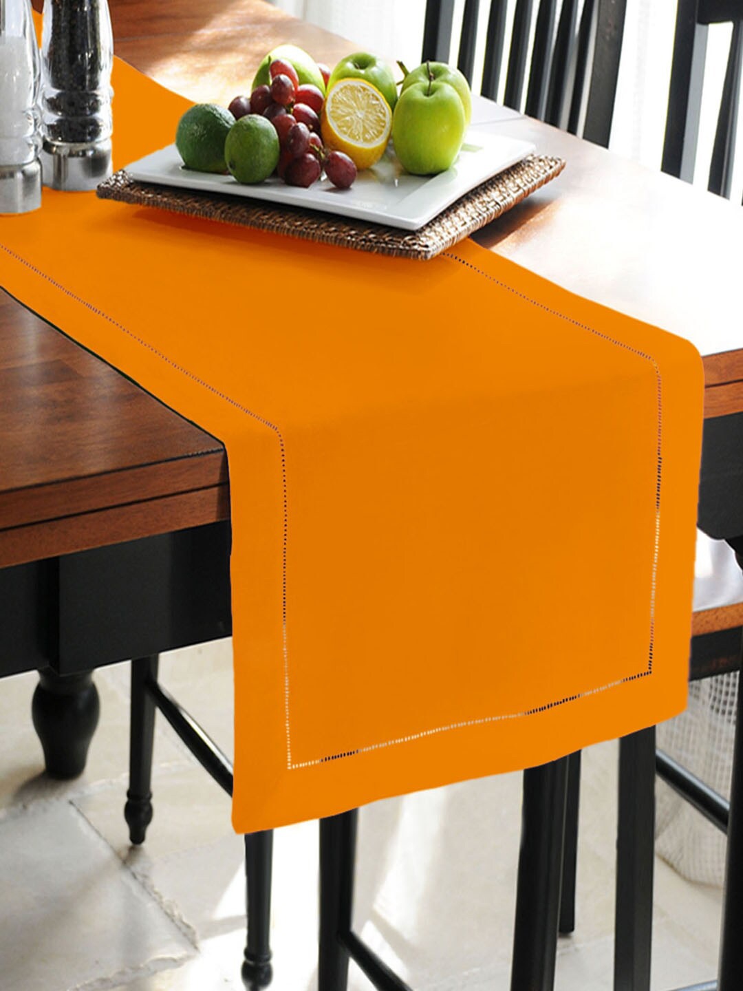 

Lushomes Orange Solid Double Border Hole-Stitch Table Runner