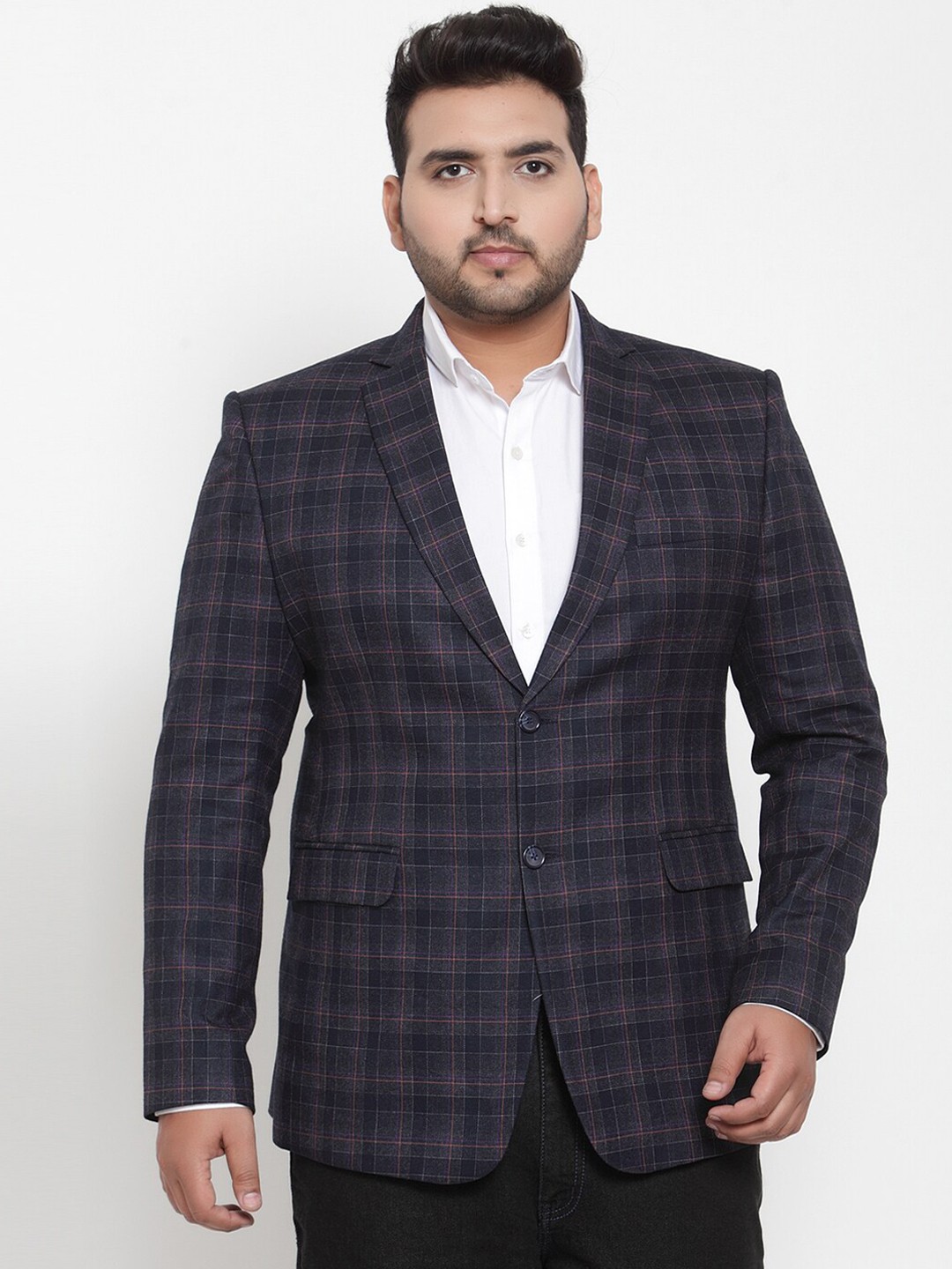 

plusS Men Blue Checked Single-Breasted Formal Blazer