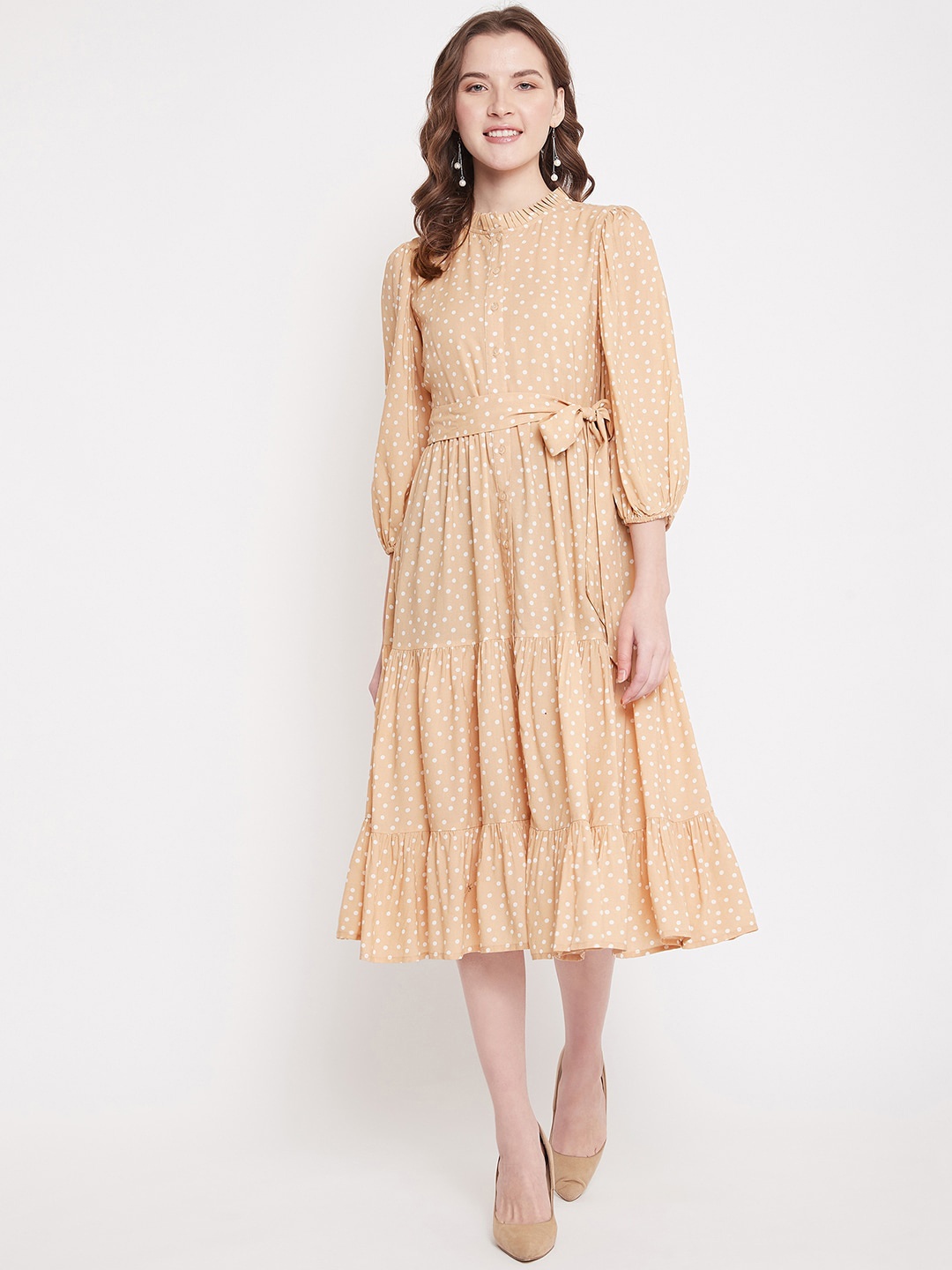 

Femella Women Beige Printed Fit and Flare Dress