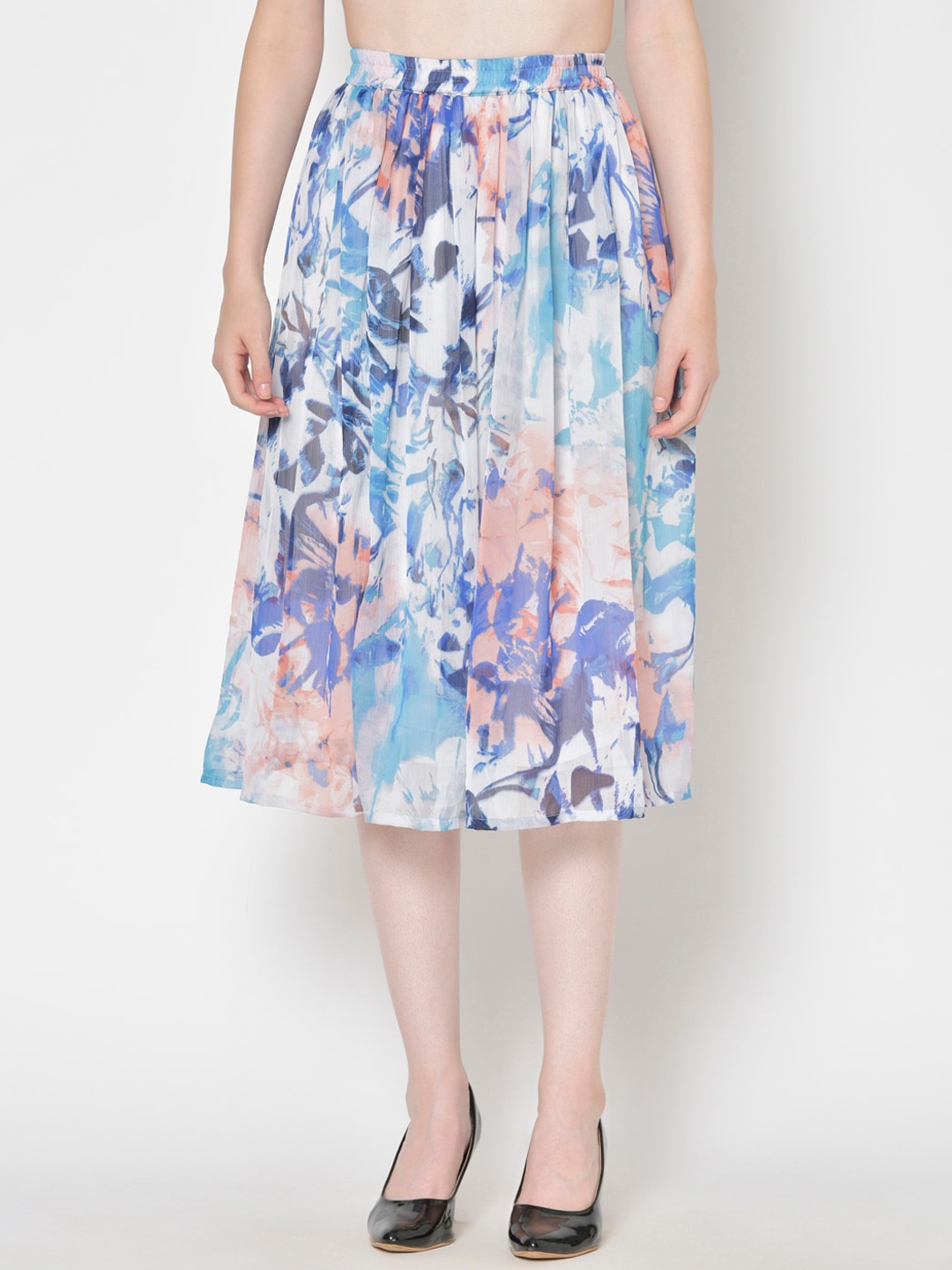 

Cation Women White & Blue Printed Flared Midi Skirt