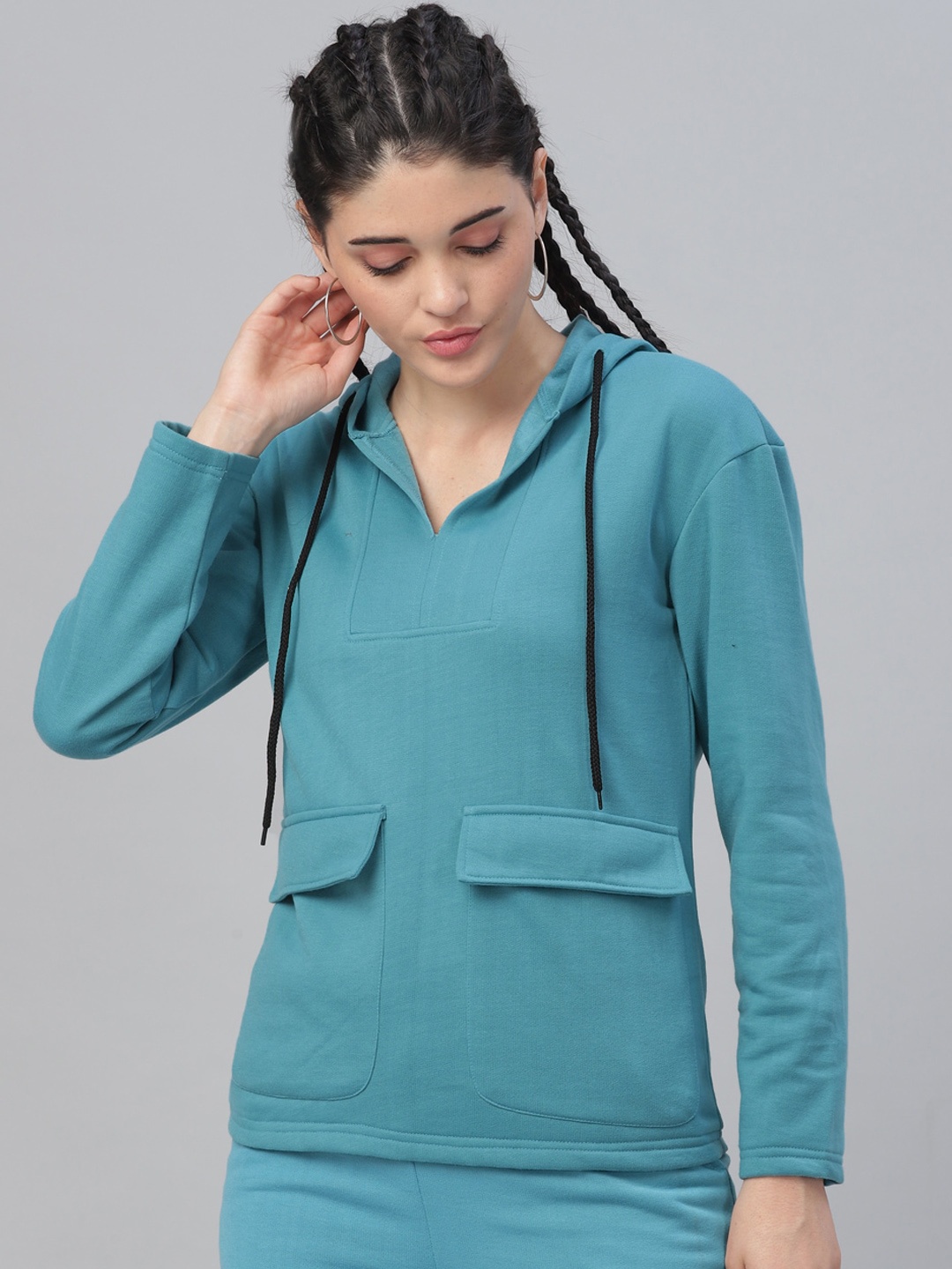 

Athena Women Blue Solid Hooded Sweatshirt