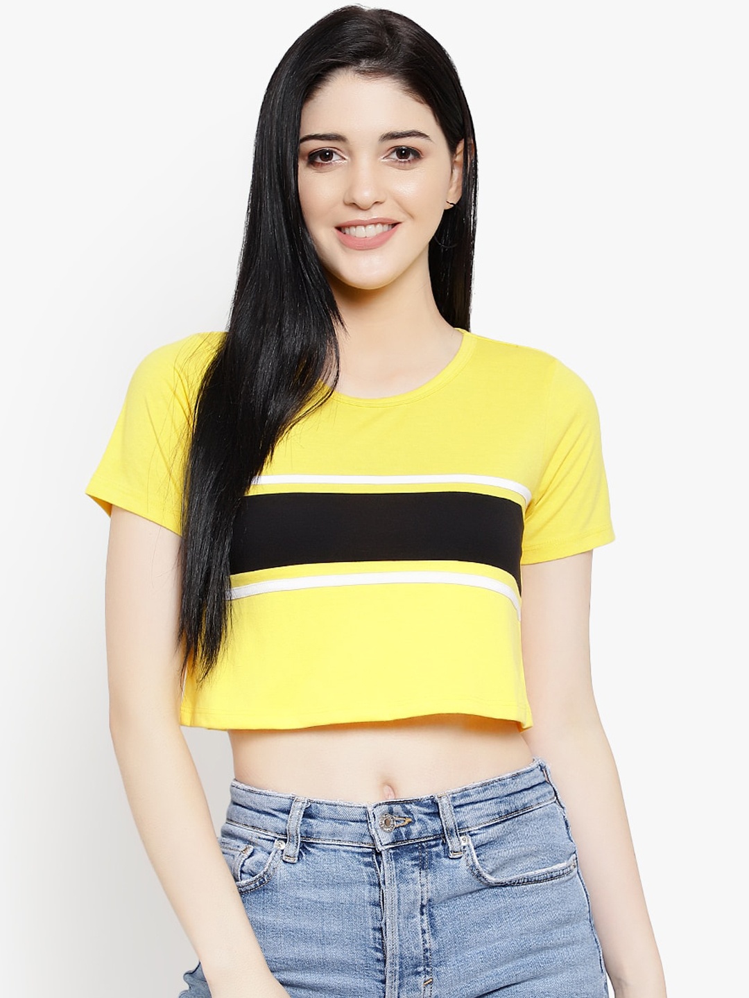 

LE BOURGEOIS Women Yellow Solid Crop Pure Cotton Top