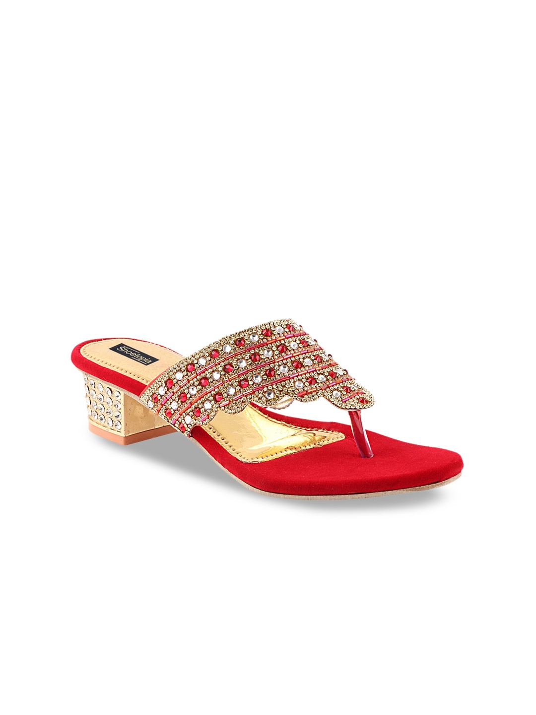 

Shoetopia Women Red & Gold-Toned Embellished Heels