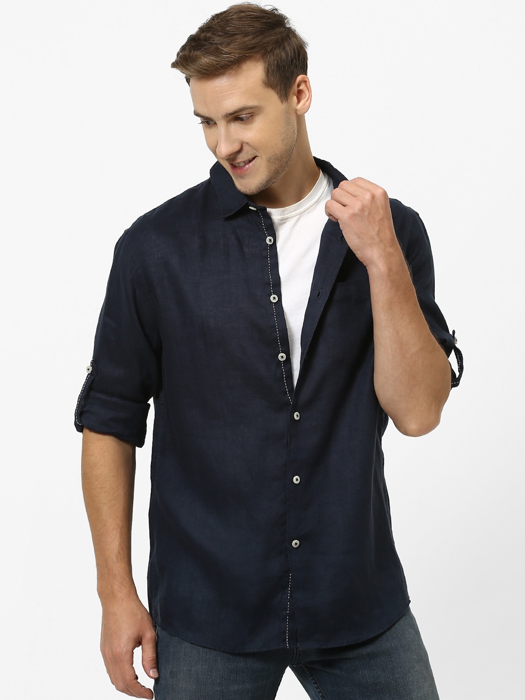 Celio Men Navy Blue Regular Fit Solid Linen Casual Shirt