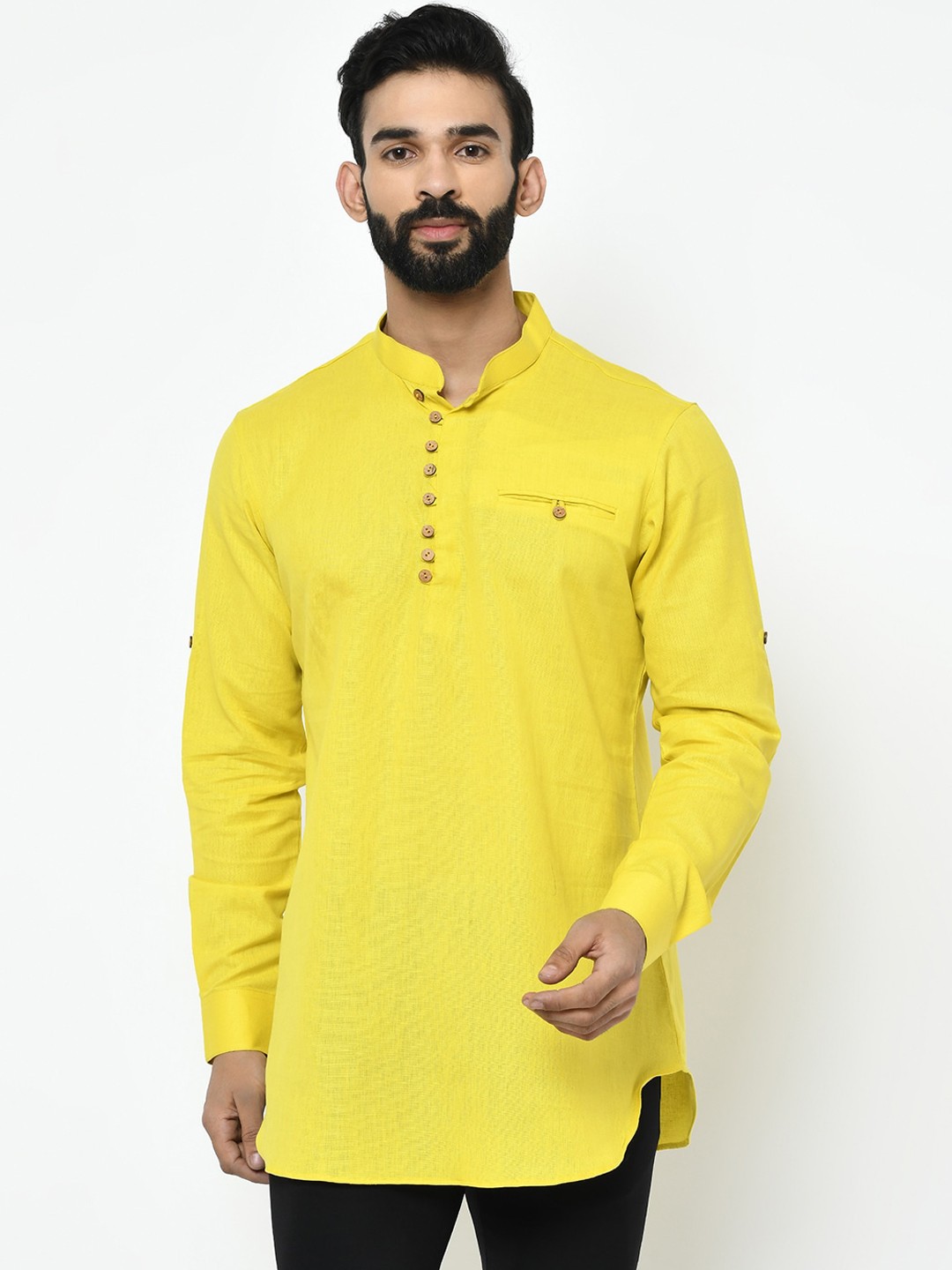 

Vartah Men Yellow Handloom Short Kurta, Lime green