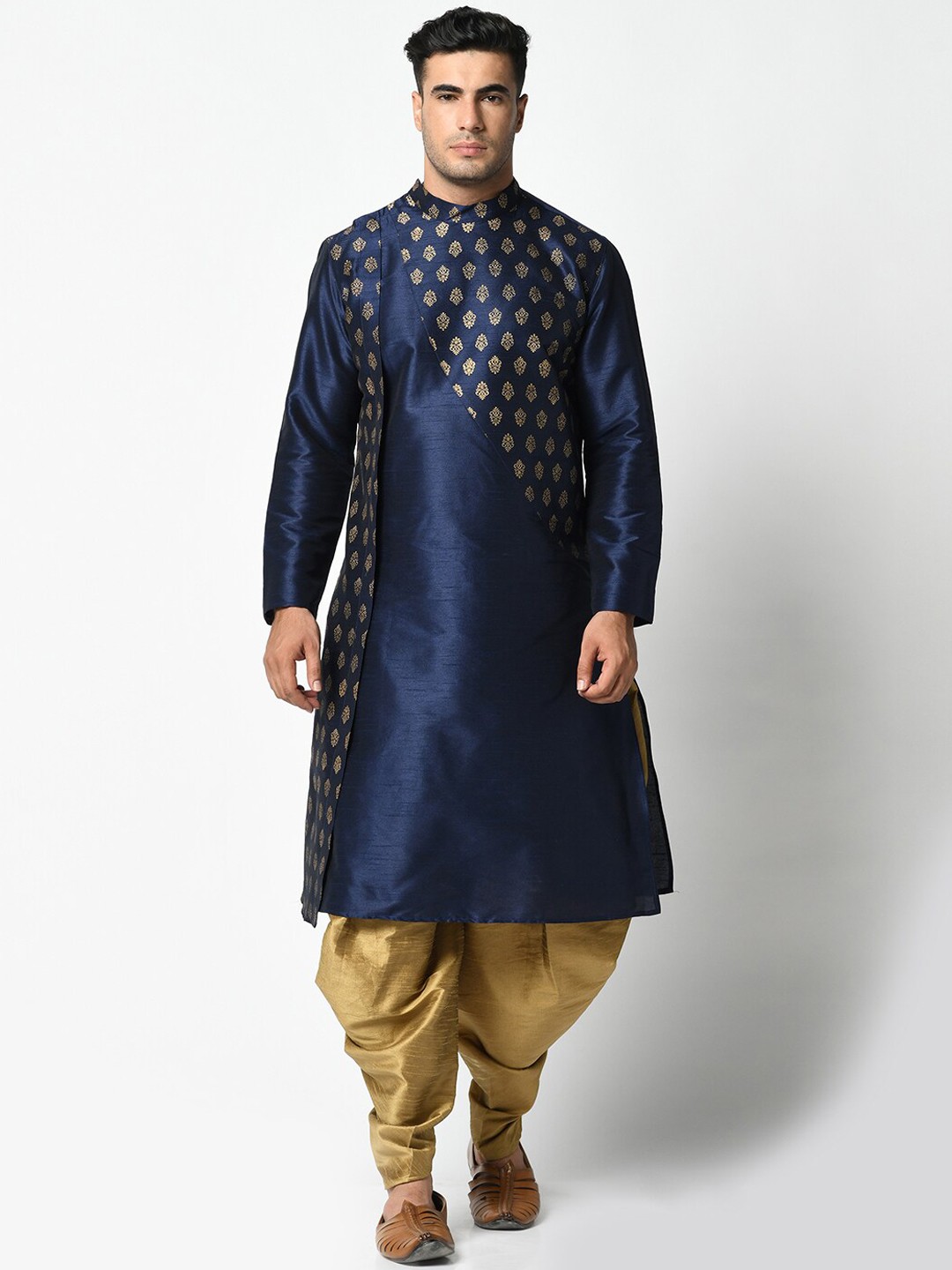 

DEYANN Men Navy Blue & Gold-Toned Printed Kurta with Dhoti Pants