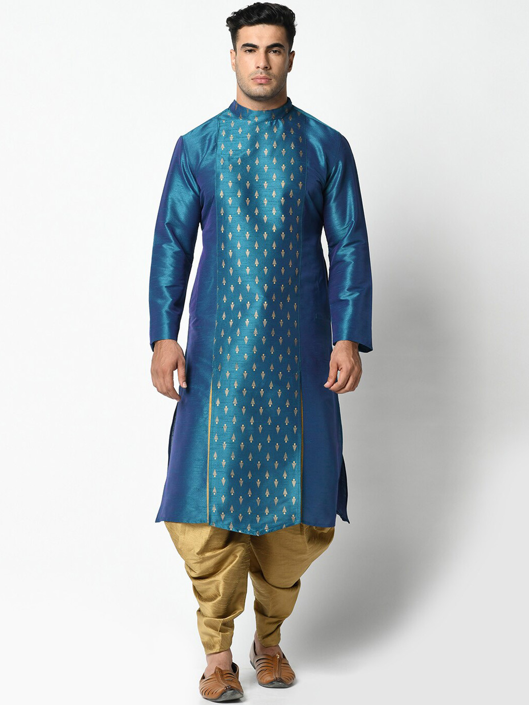 

DEYANN Men Blue & Gold-Toned Self Design Kurta with Dhoti Pants