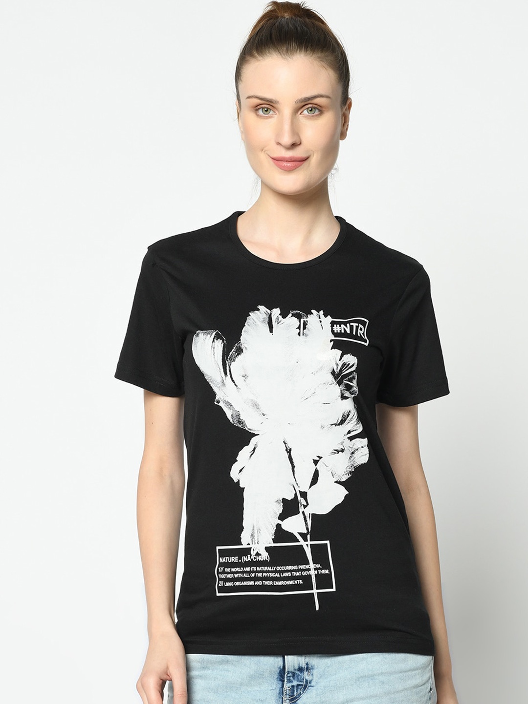 VIMAL JONNEY Women Black & White Printed Round Neck T-shirt