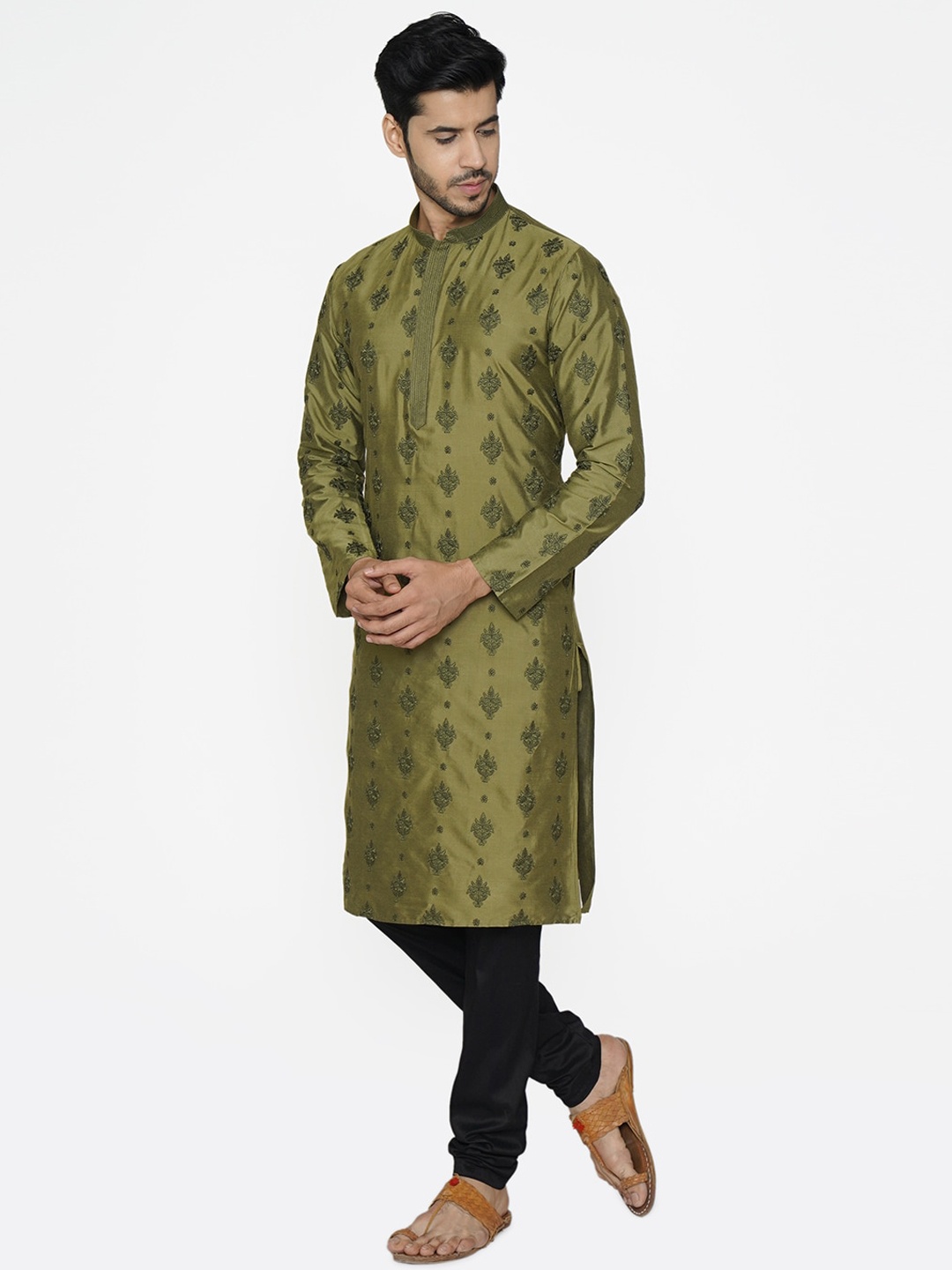 

Manyavar Men Green & Black Embroidered Kurta with Pyjamas