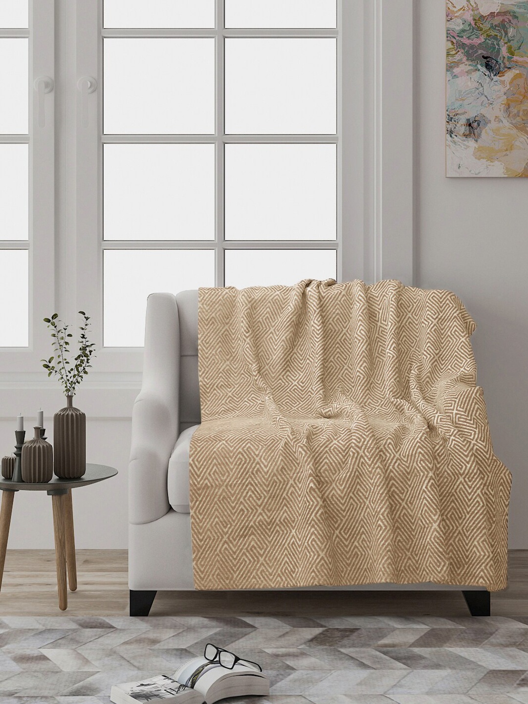 Saral Home Set Of 2 Beige Soft Tic-Tac Decorative Sofa Throws