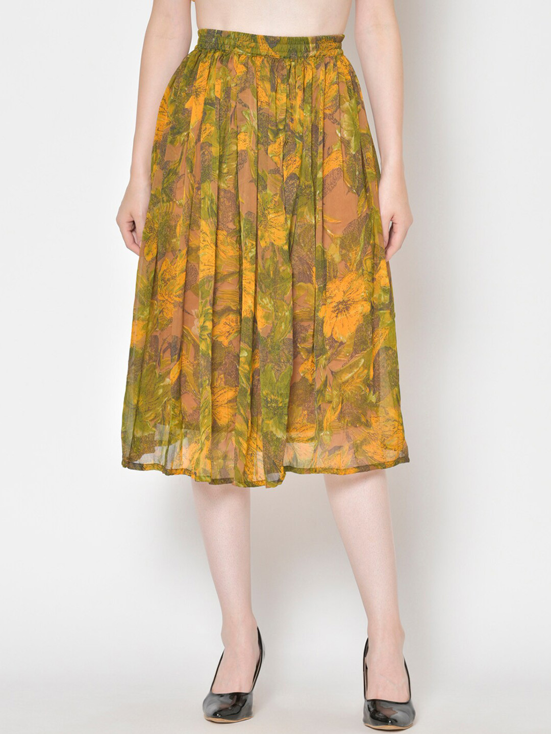 

Cation Women Yellow & Olive Green Floral Printed Flared Midi Skirt