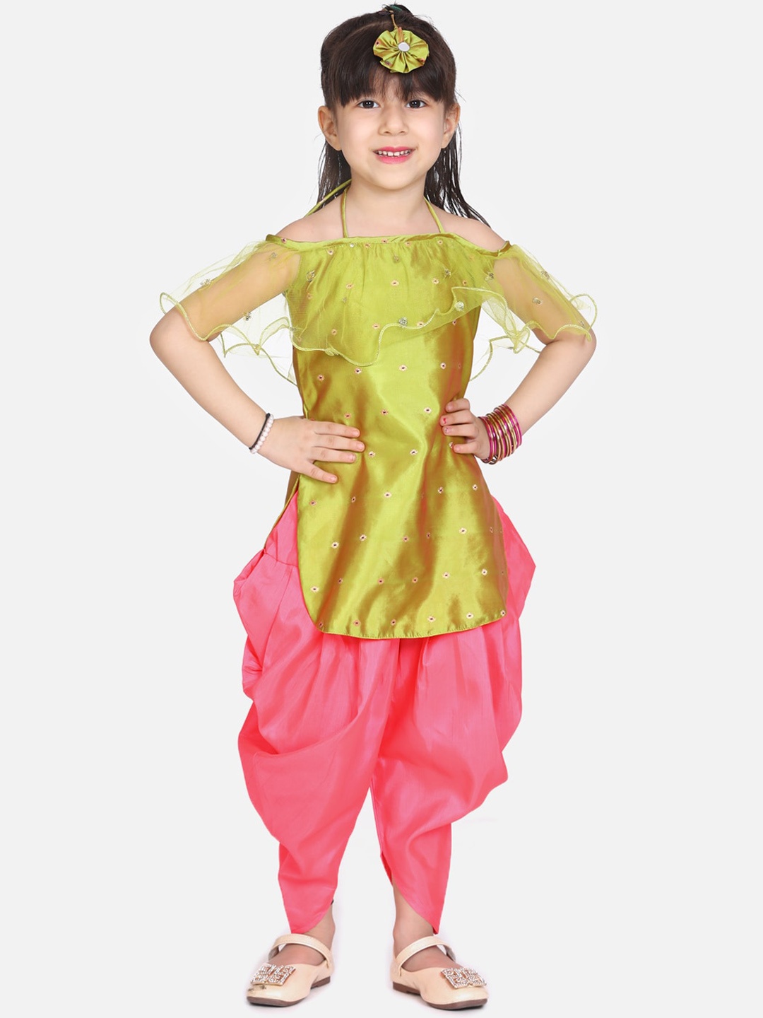 KID1 Girls Green & Pink Self Design Kurti with Dhoti Pants