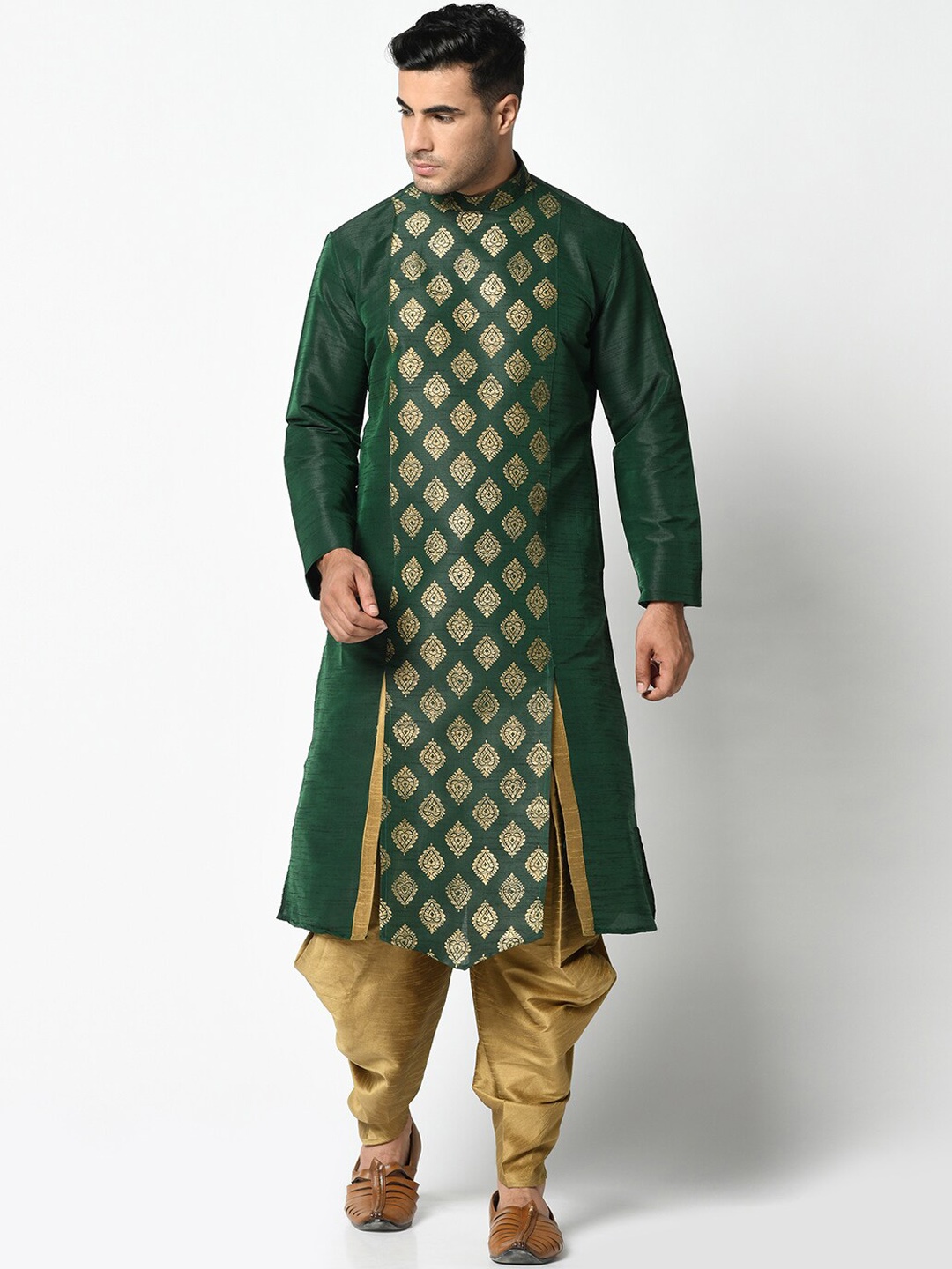 

DEYANN Men Green & Gold Woven Design Kurta with Dhoti Pants