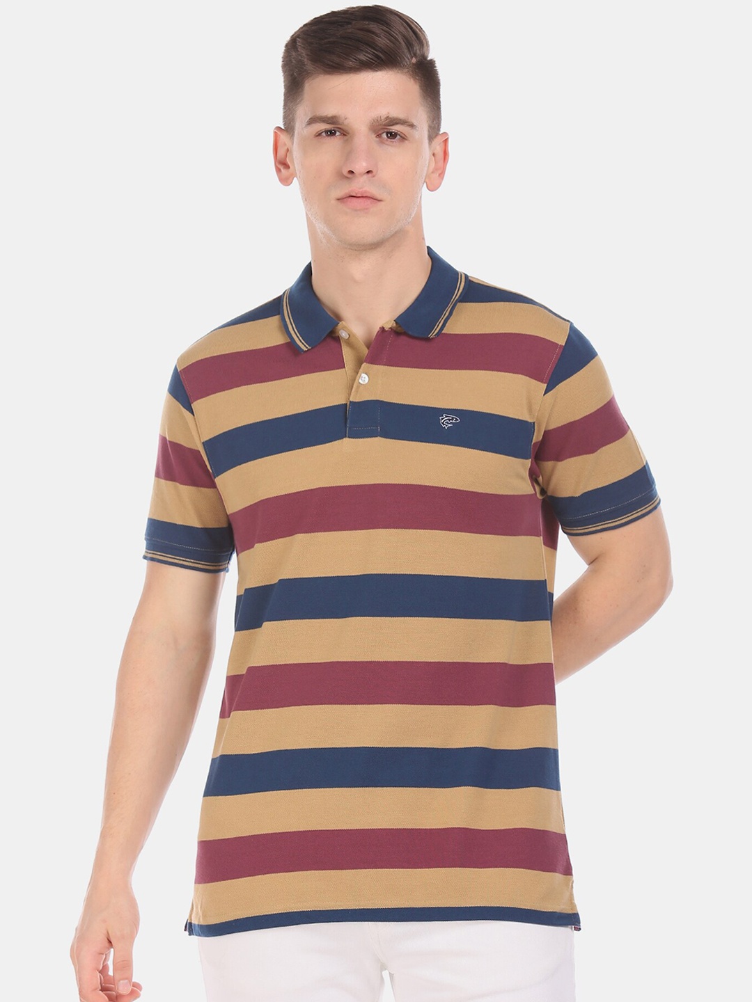 

Ruggers Men Beige & Navy Blue Striped Polo Collar T-shirt