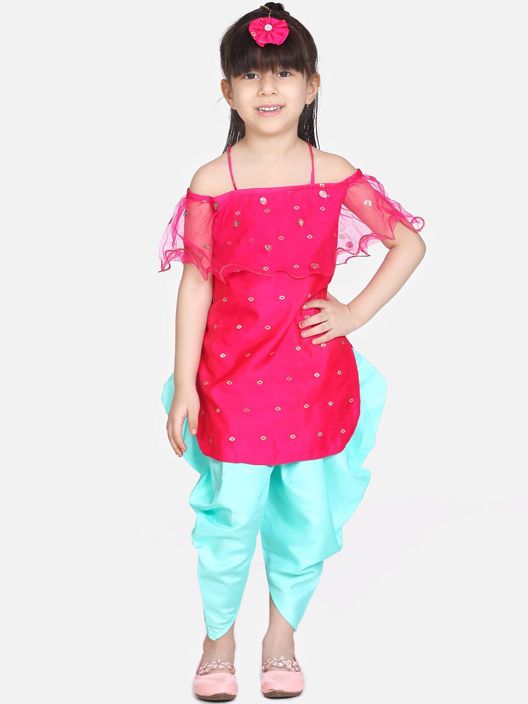 

KID1 Girls Pink & Turquoise Blue Printed Kurti with Dhoti Pants