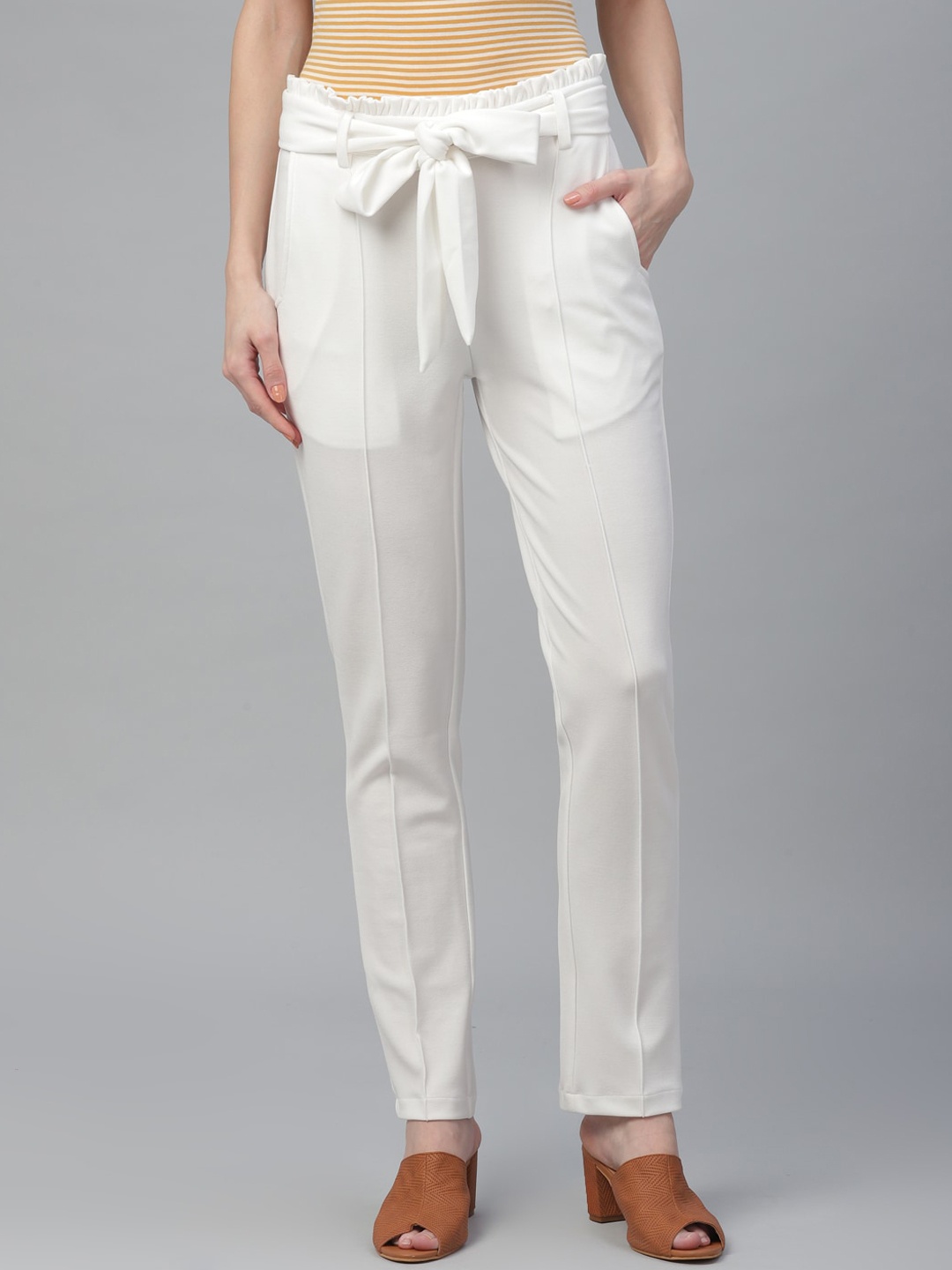 Athena Women White Regular Fit Solid Regular Trousers