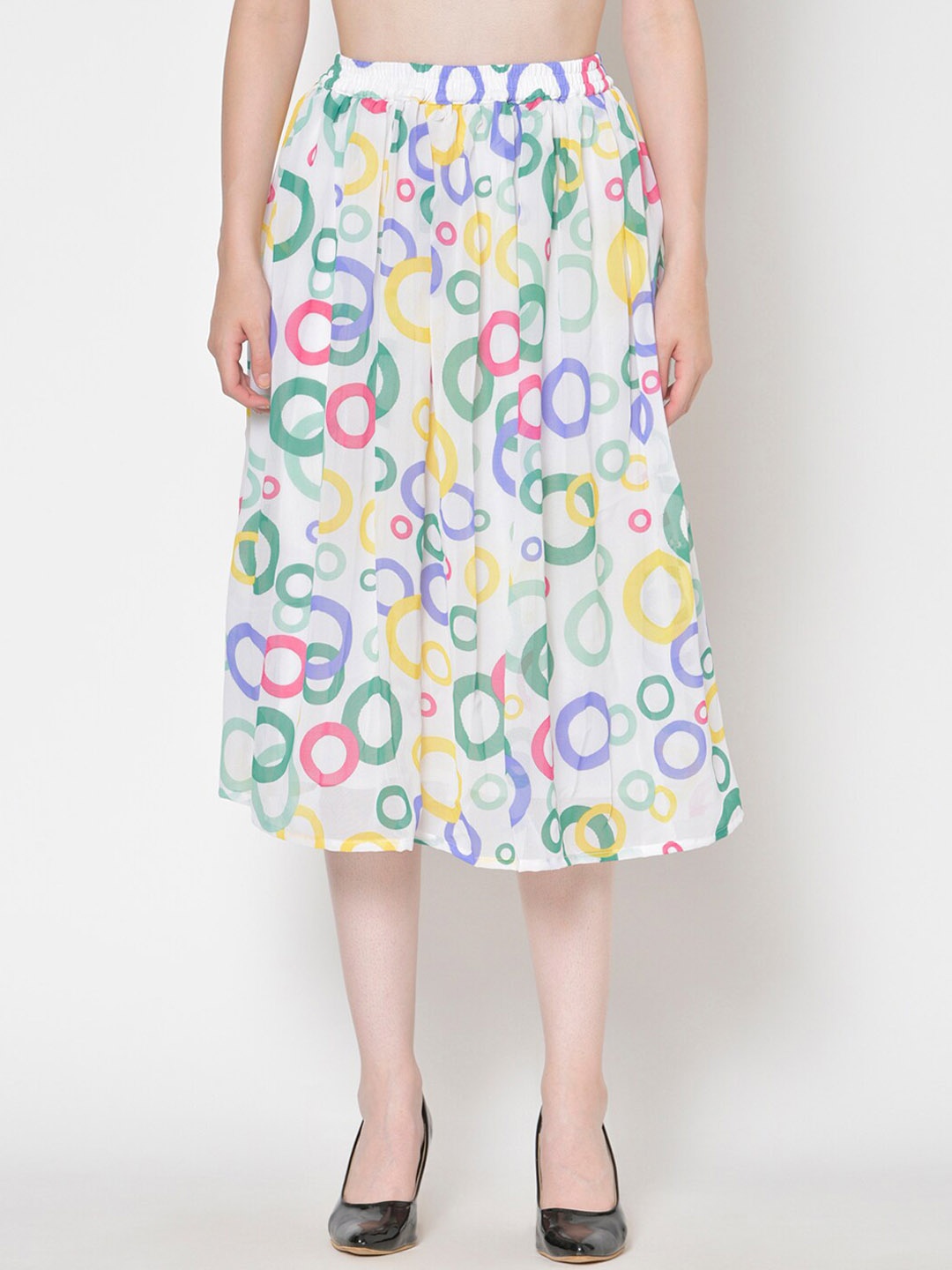 

Cation Women White & Green Printed Flared Midi Skirt