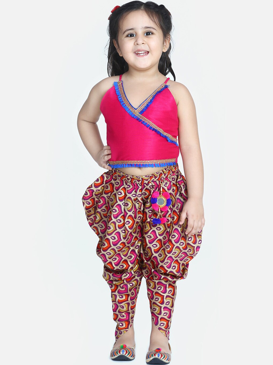 

KID1 Girls Pink Solid Halter Crop Top with Beige Printed Dhoti Pants