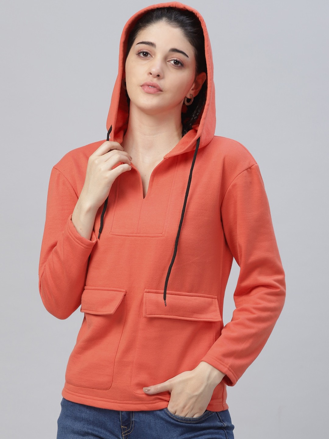 

Athena Women Orange Solid Hooded Sweatshirt