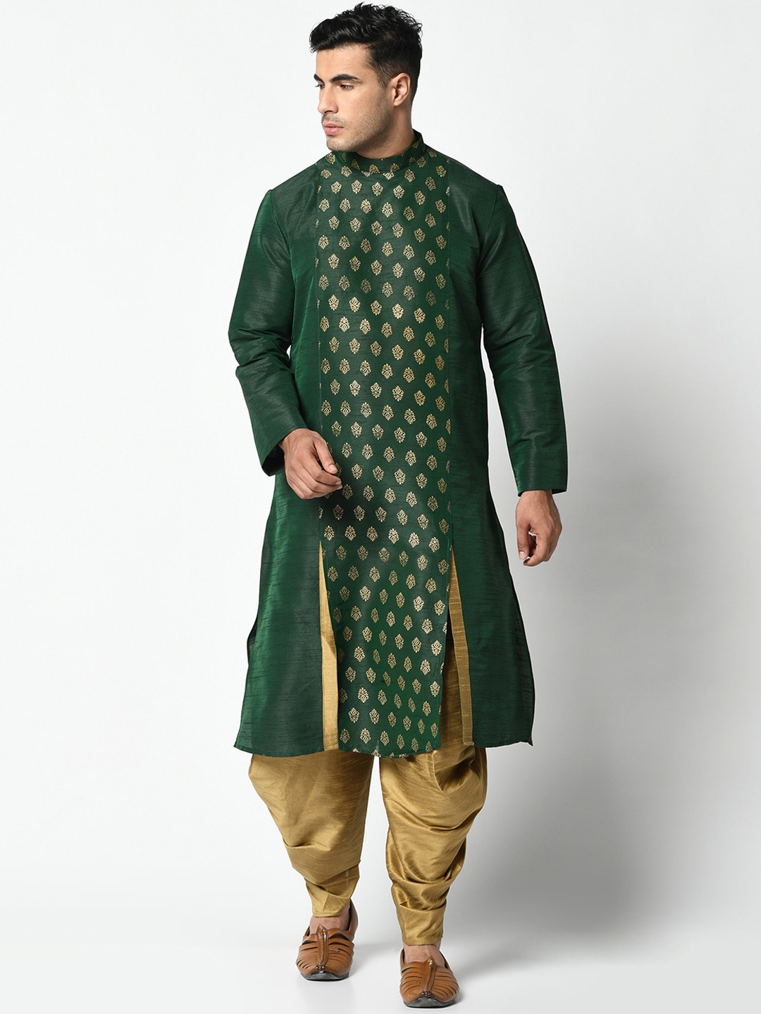 DEYANN Men Green & Gold-Toned Printed Kurta with Dhoti Pants
