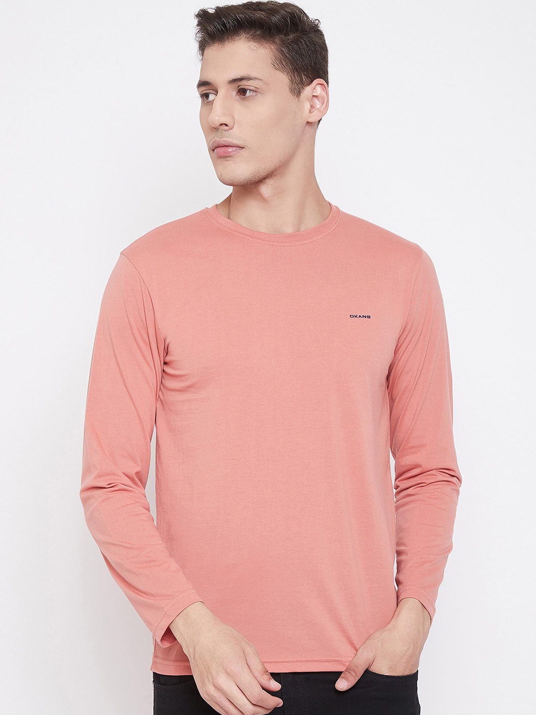 Okane Men Peach-Coloured Solid Round Neck T-shirt