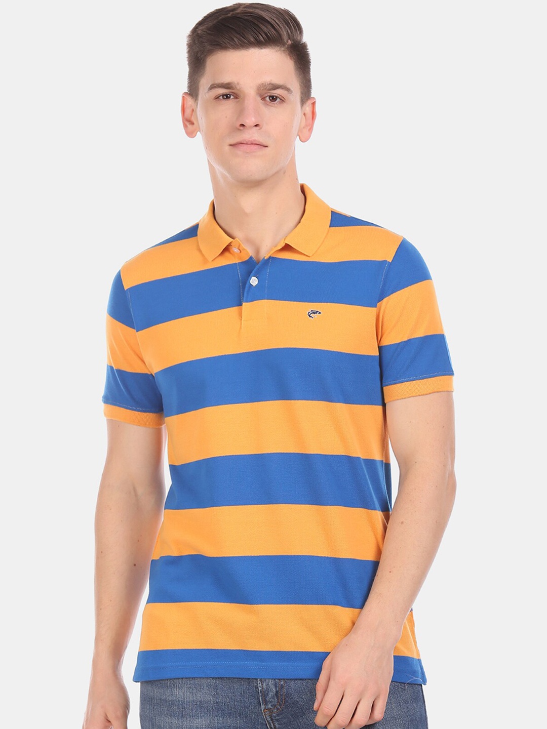 

Ruggers Men Orange & Blue Striped Polo Collar T-shirt