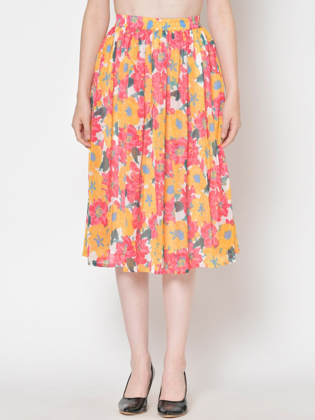 

Cation Women Mustard Yellow & Pink Printed Flared Skirt