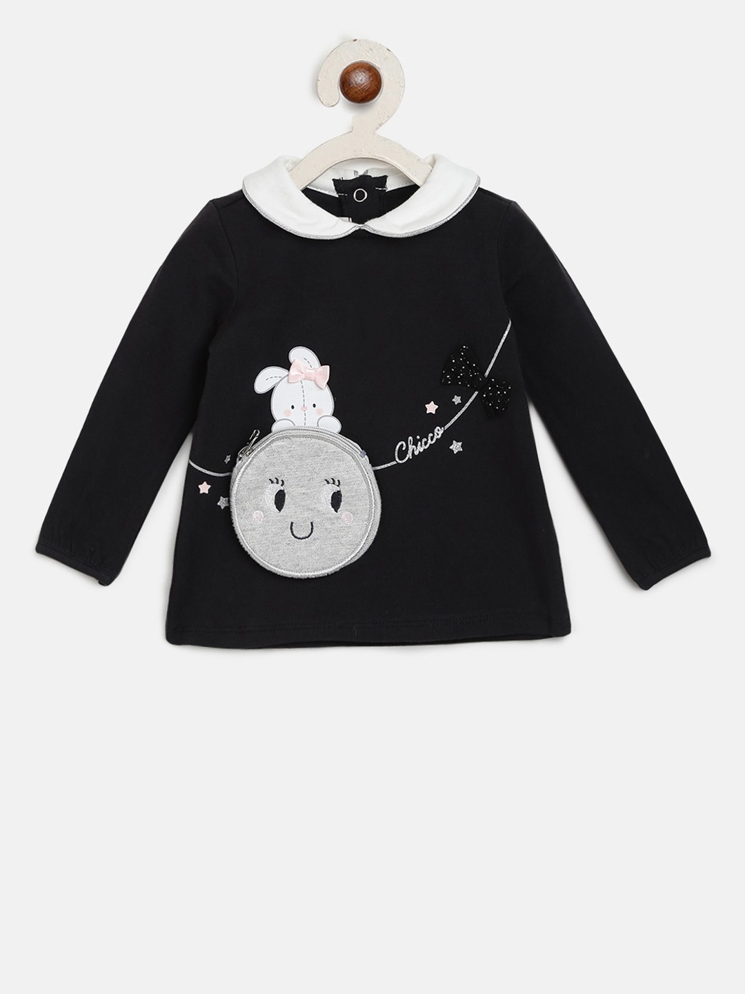 

Chicco Girls Black Solid Peter Pan Collar T-Shirt With Zipper Pocket