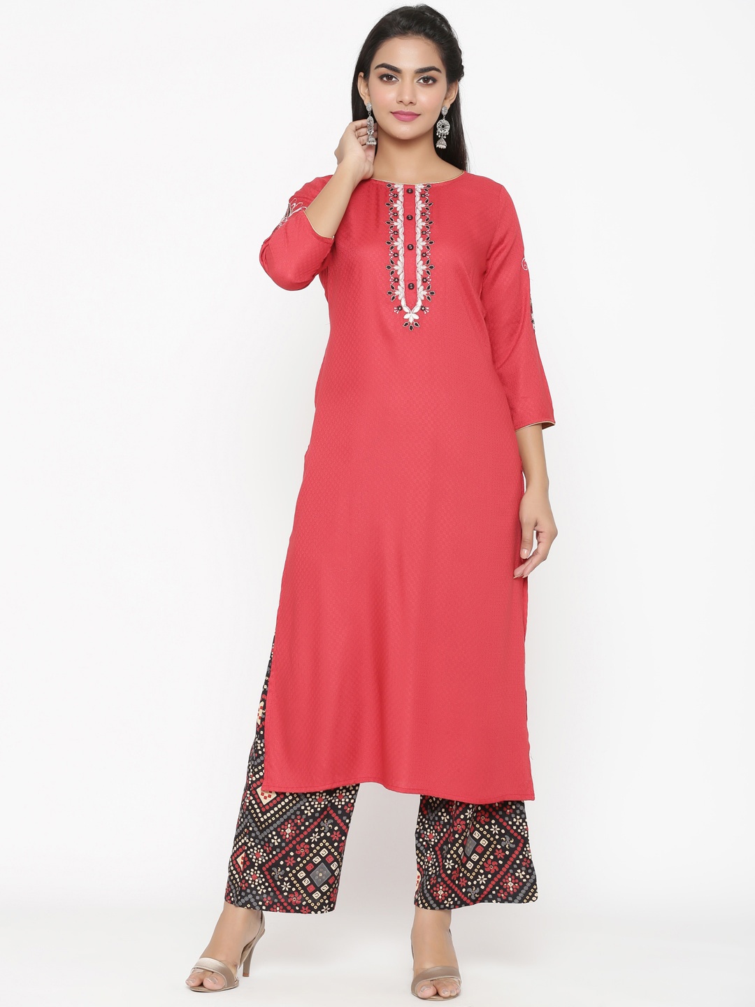 RANGMAYEE Women Red Embroidered Kurta with Palazzos