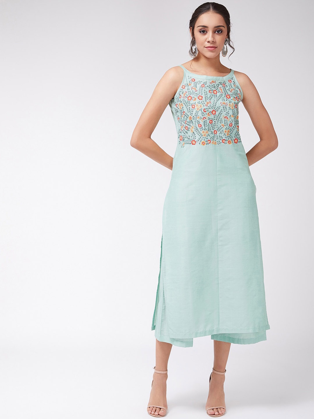

Pannkh Women Green & Orange Yoke Design Straight Kurta
