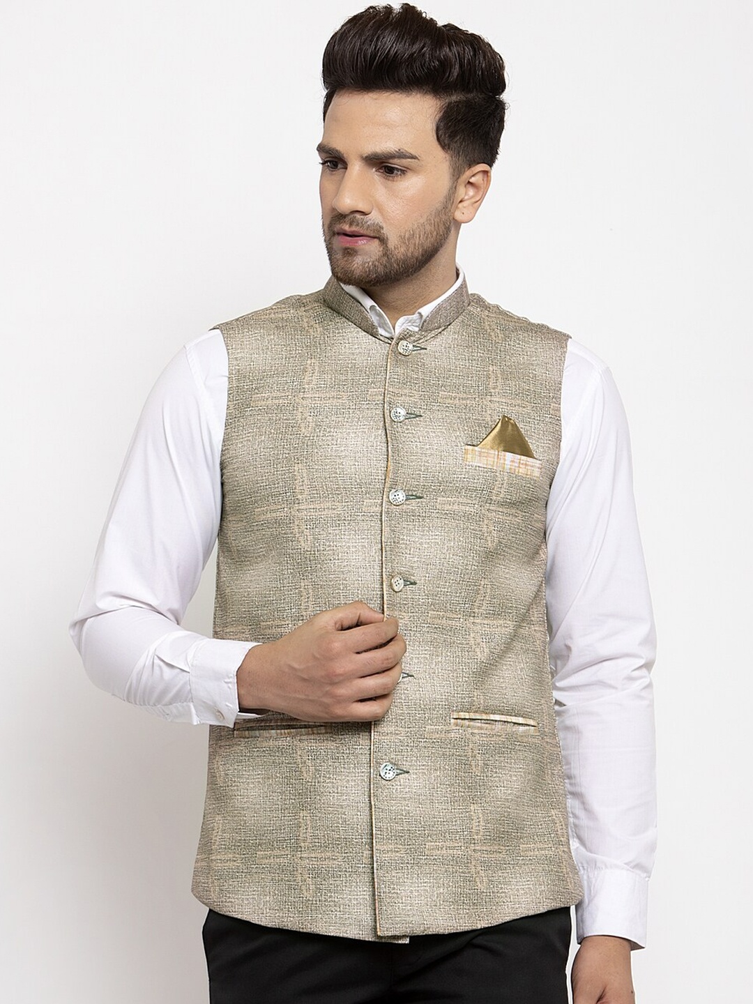 

KLOTTHE Men Beige & Grey Woven Design Nehru Jacket