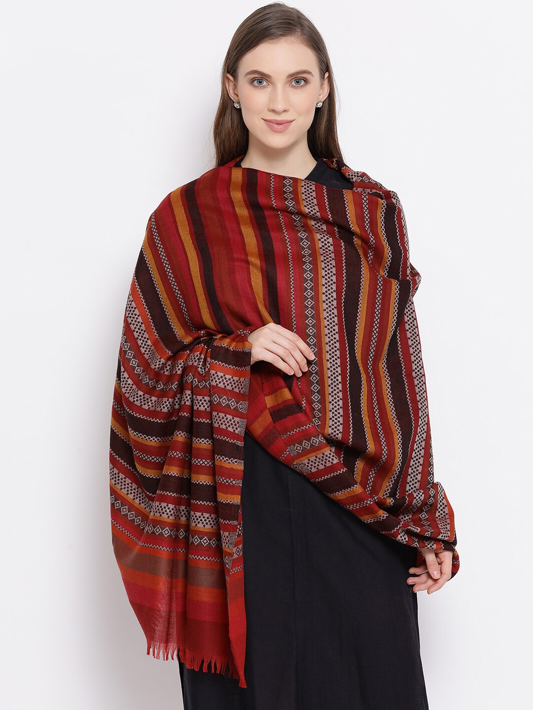 

SHINGORA Women Maroon & Brown Self-Striped Sustainable Woolen Shawl