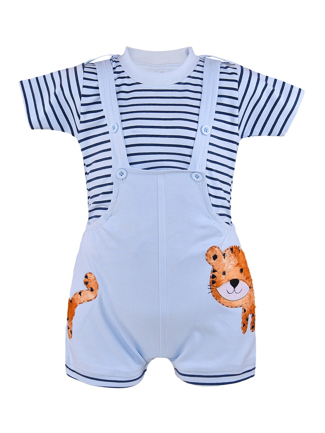 

Wish Karo Kids Blue Appliqued Straight Leg Dungaree with Striped T-shirt