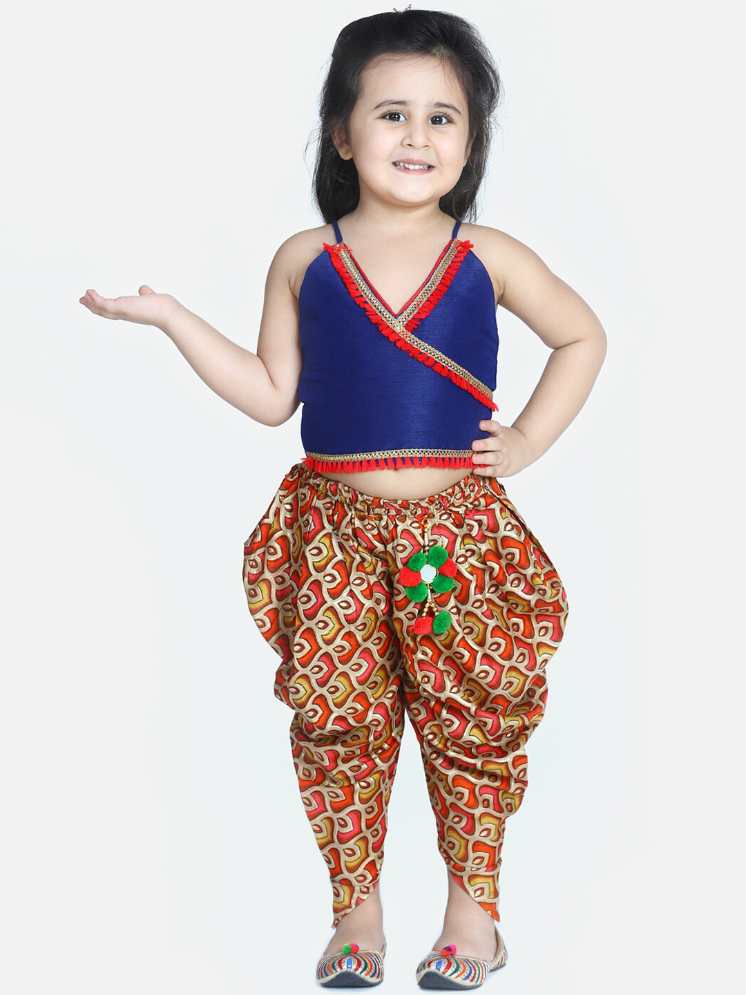 

KID1 Girls Navy Blue Solid Halter Crop Top with Beige & Red Printed Dhoti Pants