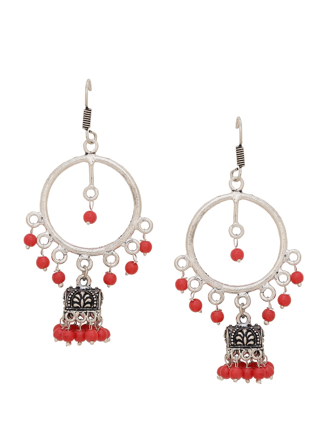 Silvermerc Designs Silver-Toned & Red Circular Chandbalis