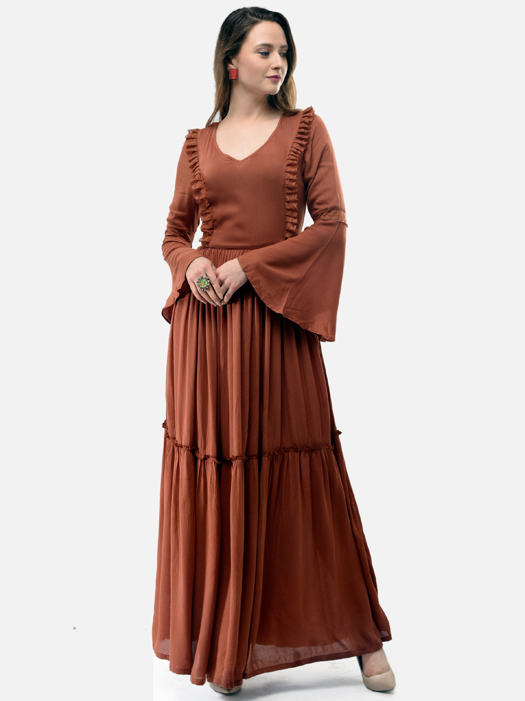 

V&M Women Rust Solid Maxi Dress