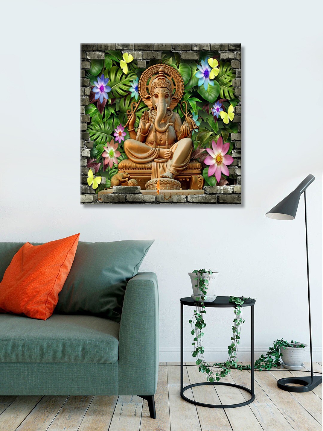 

999Store Golden Ganesha Background & Multi Color Flowers Wall Art, Gold