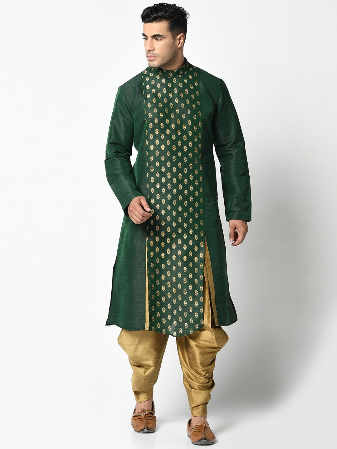 

DEYANN Men Green & Brown Woven Design Kurta with Dhoti Pants