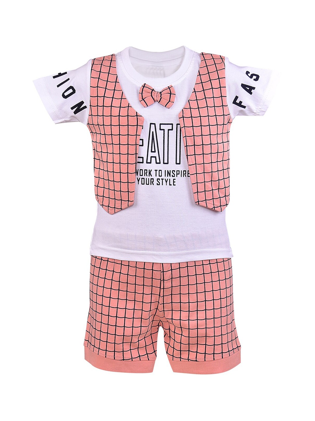 

Wish Karo Unisex Kids Peach-Coloured & White Printed T-shirt with Shorts