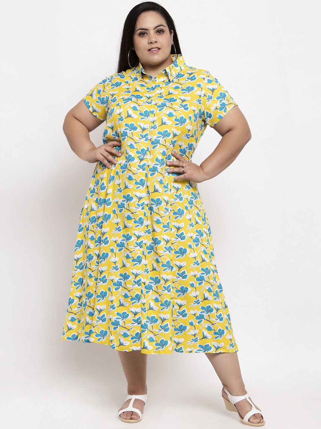 

plusS Women Yellow Printed Shirt Dress