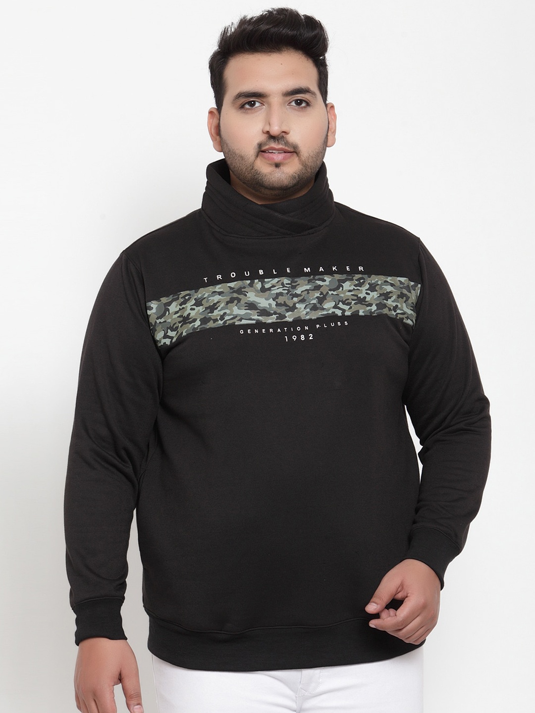 

plusS Men Black Camouflage Printed Sweatshirt