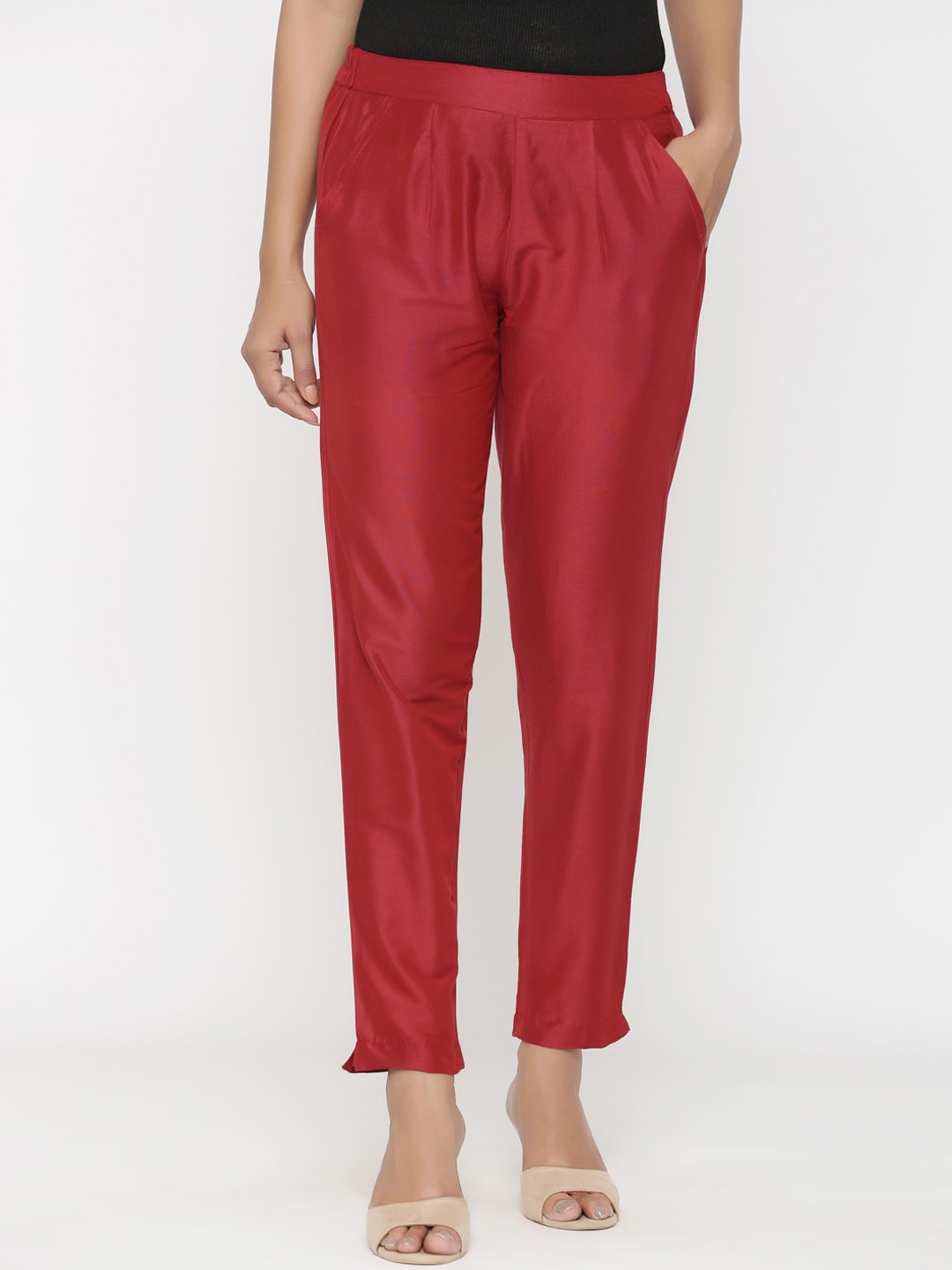 

RANGMAYEE Women Maroon Slim Fit Solid Cigarette Trousers
