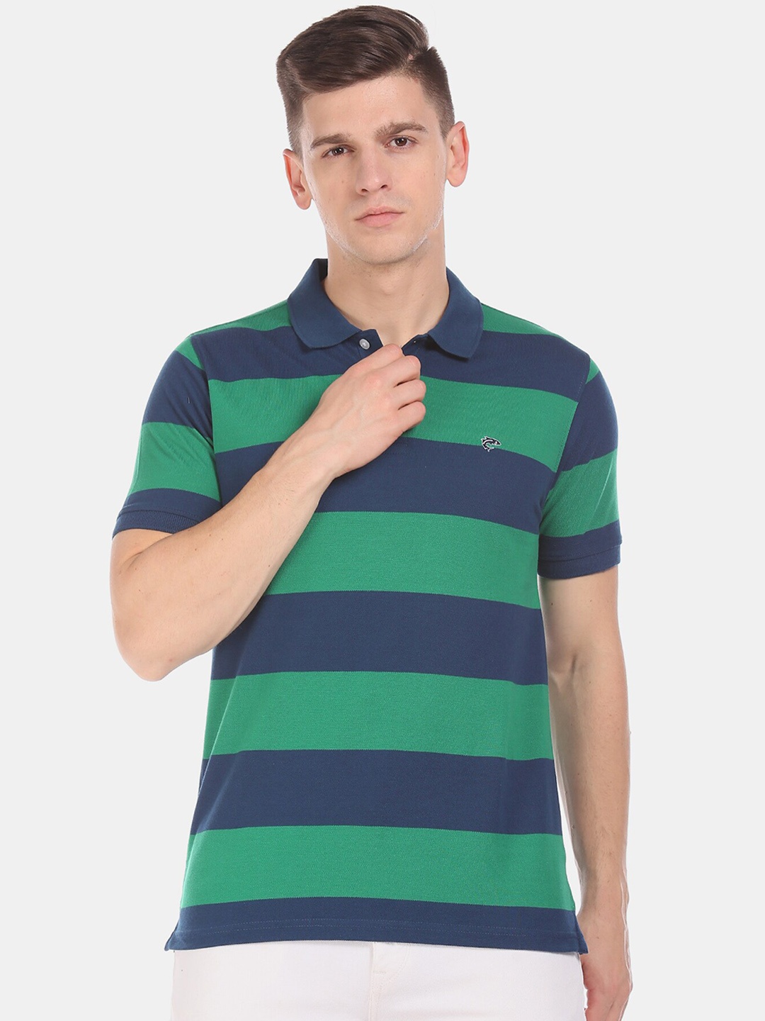 

Ruggers Men Green & Blue Striped Polo Collar T-shirt