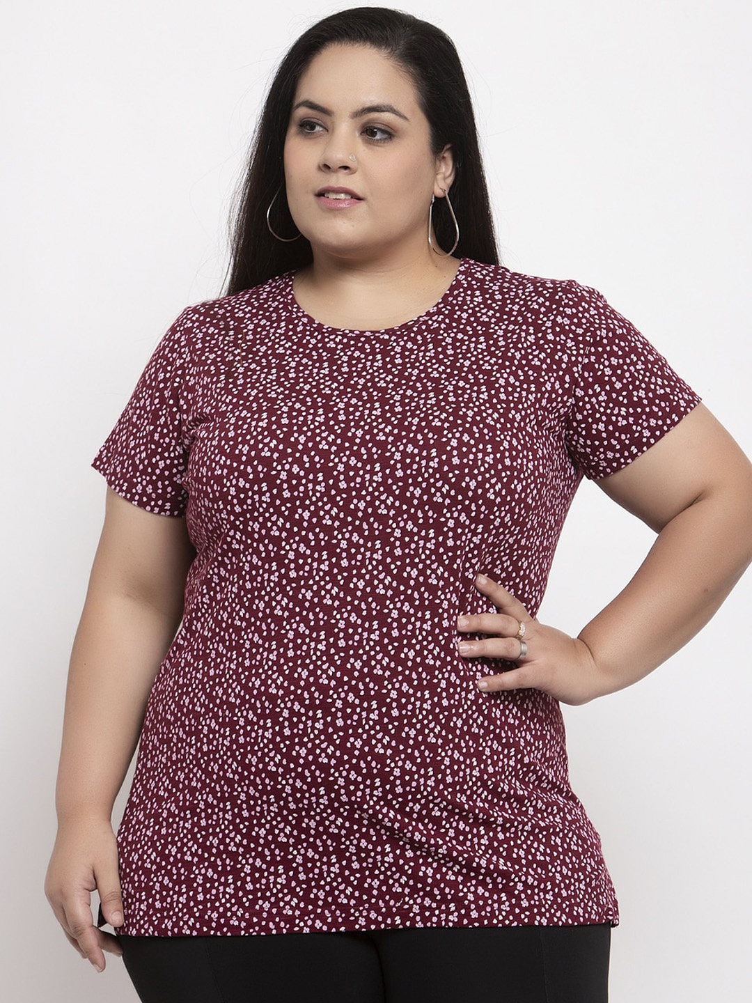 

plusS Women Burgundy Printed Round Neck T-shirt